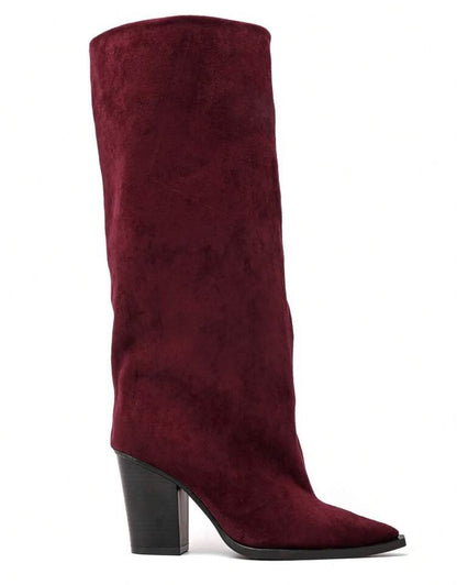 BOTTES HAUTES SUÉDINE BOUT POINTU TALON BLOC – MISS ABIGAIL BORDEAU