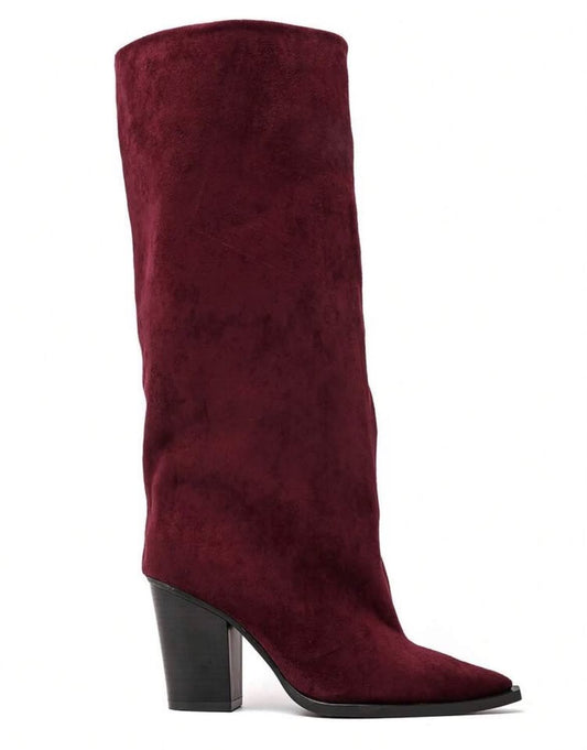 BOTTES HAUTES SUÉDINE BOUT POINTU TALON BLOC – MISS ABIGAIL BORDEAU