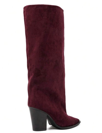 BOTTES HAUTES SUÉDINE BOUT POINTU TALON BLOC – MISS ABIGAIL BORDEAU