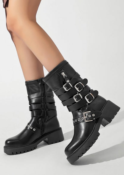 BOTTES MI-MOLLET NOIRES ASPECT CUIR – MULTI-BOUCLES ARGENTÉES & SEMELLE CRANTÉE MISS ROKA