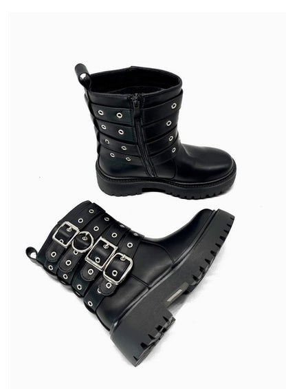 BOTTINES BIKER NOIRES ASPECT CUIR – 4 BOUCLES ARGENTÉES & ŒILLETS MISS RONNA