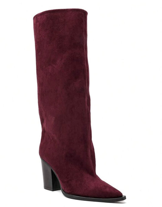 BOTTES HAUTES SUÉDINE BOUT POINTU TALON BLOC – MISS ABIGAIL BORDEAU