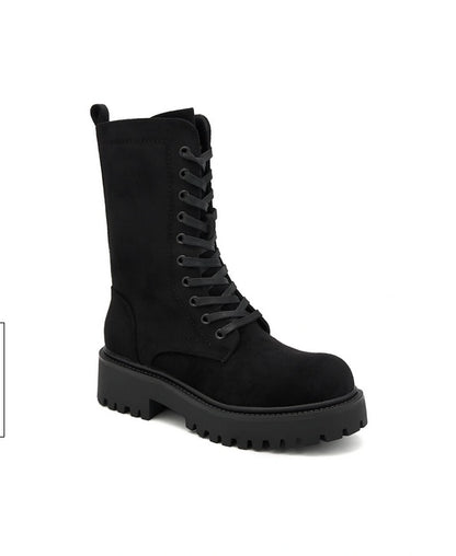 BOTTES RANGERS MI-MOLLET FEMME NOIRES EFFET DAIM – À LACETS, SEMELLE CRANTÉE