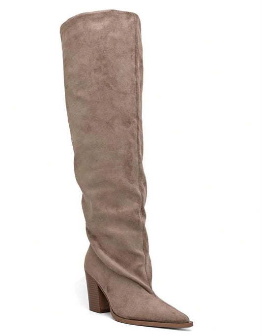CUISSARDES SUÉDINE TAUPE EFFET FROISSÉ BOUT POINTU TALON BLOC – MISS WILLOW TAUPE