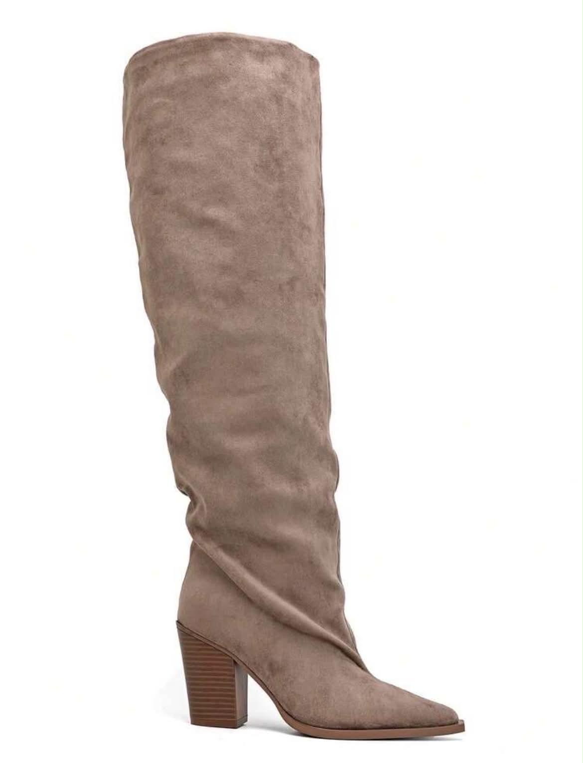 CUISSARDES SUÉDINE TAUPE EFFET FROISSÉ BOUT POINTU TALON BLOC – MISS WILLOW TAUPE