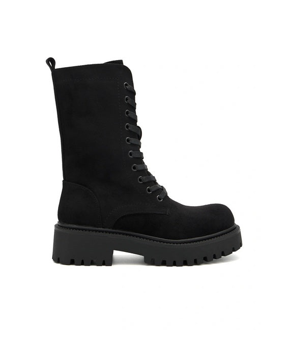 BOTTES RANGERS MI-MOLLET FEMME NOIRES EFFET DAIM – À LACETS, SEMELLE CRANTÉE