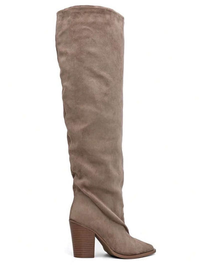 CUISSARDES SUÉDINE TAUPE EFFET FROISSÉ BOUT POINTU TALON BLOC – MISS WILLOW TAUPE