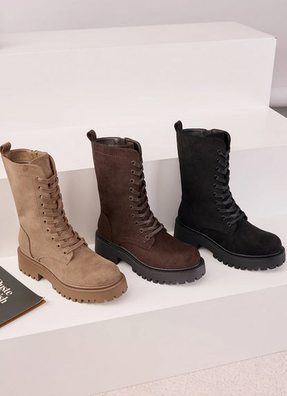 BOTTES RANGERS MI-MOLLET FEMME NOIRES EFFET DAIM – À LACETS, SEMELLE CRANTÉE