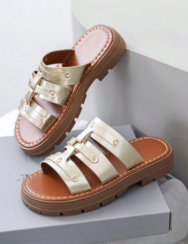Chaussures femme sandales mules à platform or gold