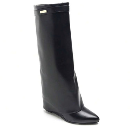 BOTTES SIMILICUIR NOIR TIGE ENVELOPPANTE TALON COMPENSÉ CACHÉ MISS MADISON