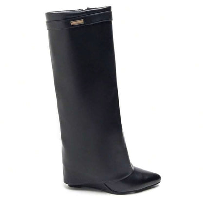 BOTTES SIMILICUIR NOIR TIGE ENVELOPPANTE TALON COMPENSÉ CACHÉ MISS MADISON