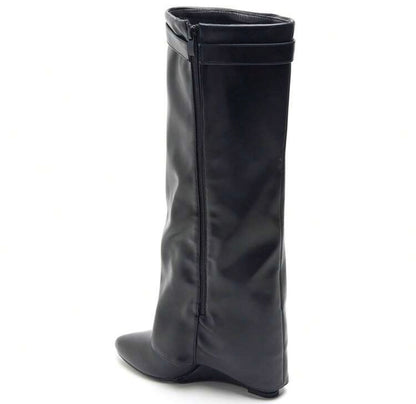 BOTTES SIMILICUIR NOIR TIGE ENVELOPPANTE TALON COMPENSÉ CACHÉ MISS MADISON