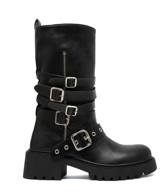 BOTTES BIKER MI-MOLLET NOIRES ASPECT CUIR – 5 BOUCLES ARGENTÉES & ZIP APPARENT MISS SOLAL