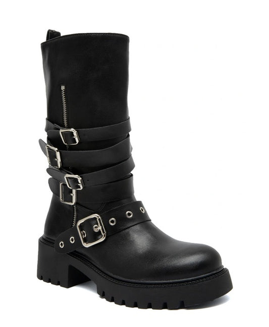 BOTTES BIKER MI-MOLLET NOIRES ASPECT CUIR – 5 BOUCLES ARGENTÉES & ZIP APPARENT MISS SOLAL