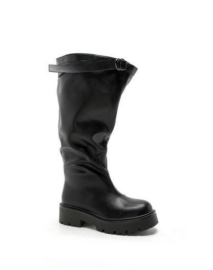 BOTTES HAUTES NOIRES ASPECT CUIR – SANGLE À DOUBLE ANNEAU & SEMELLE CRANTÉE MISS SELENA