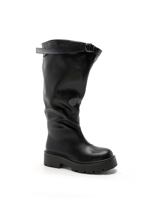 BOTTES HAUTES NOIRES ASPECT CUIR – SANGLE À DOUBLE ANNEAU & SEMELLE CRANTÉE MISS SELENA