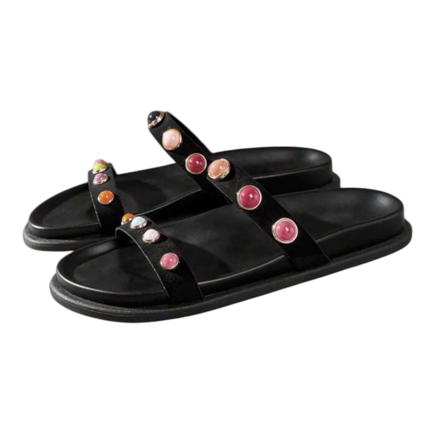 Sandales Joya en Simili Cuir Noir – Ornements de Pierres Cabochons Colorées Pink