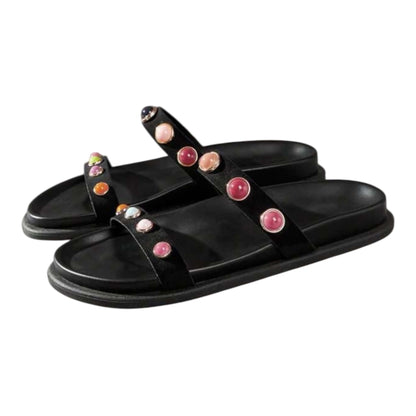 Sandales Joya en Simili Cuir Noir – Ornements de Pierres Cabochons Colorées Pink