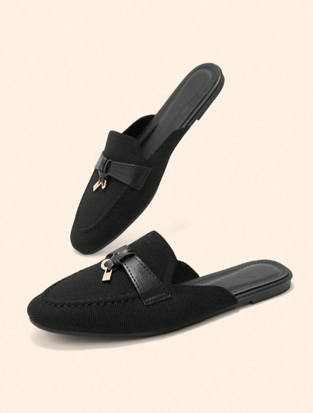 Mules Loafers noir toile à Détails Bijoux