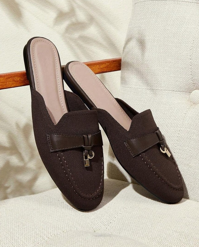 Mules Loafers choco toile à Détails Bijoux