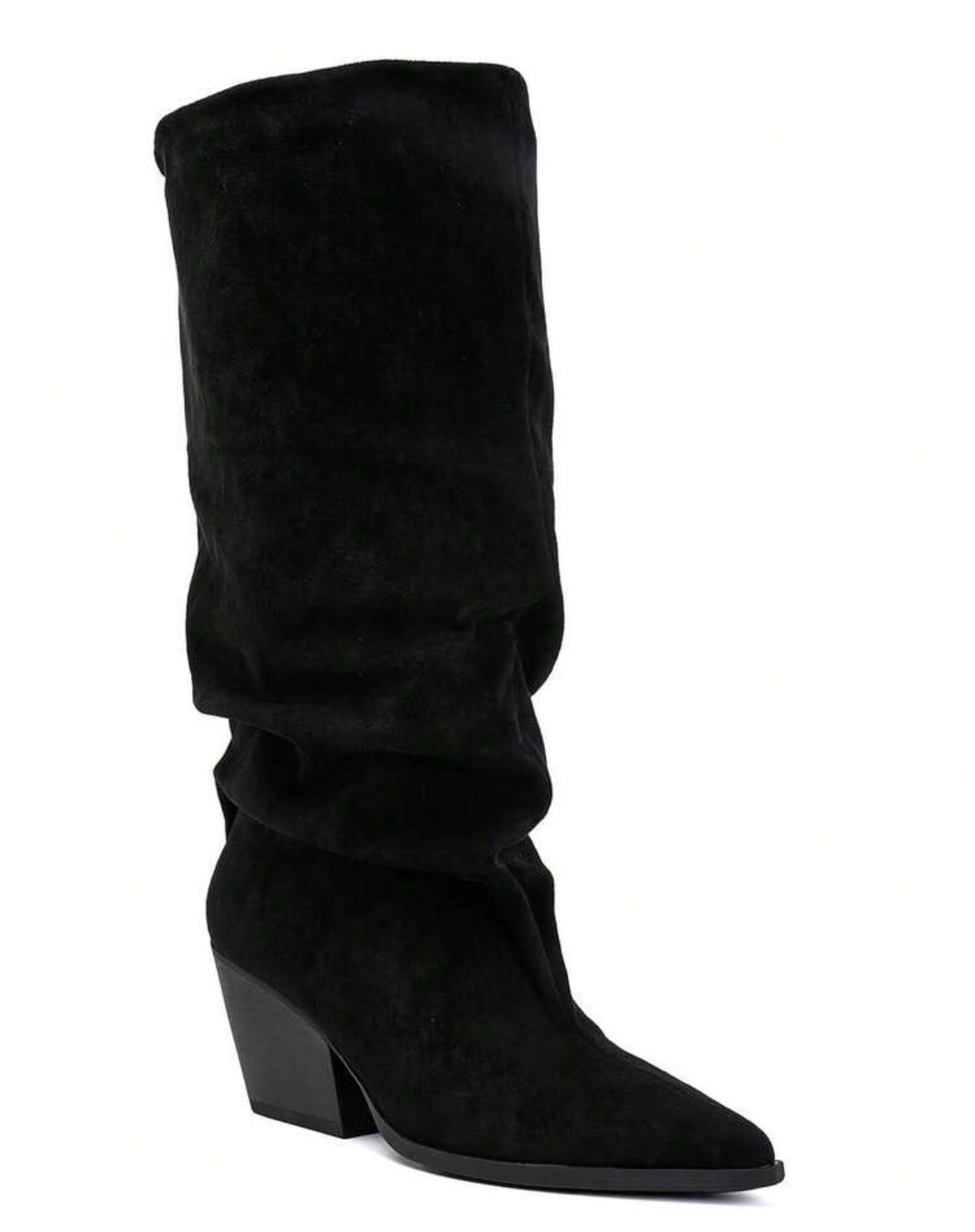 BOTTES HAUTES NOIRES EFFET FROISSÉ BOUT POINTU TALON BISEAUTÉ – MISS GRACE NOIR SUEDINE