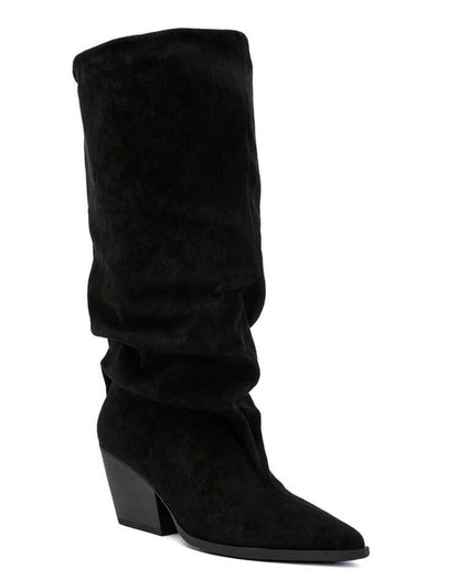 BOTTES HAUTES NOIRES EFFET FROISSÉ BOUT POINTU TALON BISEAUTÉ – MISS GRACE NOIR SUEDINE