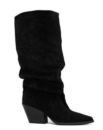 BOTTES HAUTES NOIRES EFFET FROISSÉ BOUT POINTU TALON BISEAUTÉ – MISS GRACE NOIR SUEDINE