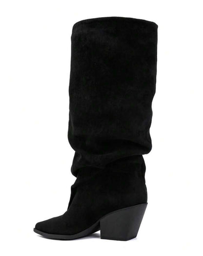 BOTTES HAUTES NOIRES EFFET FROISSÉ BOUT POINTU TALON BISEAUTÉ – MISS GRACE NOIR SUEDINE