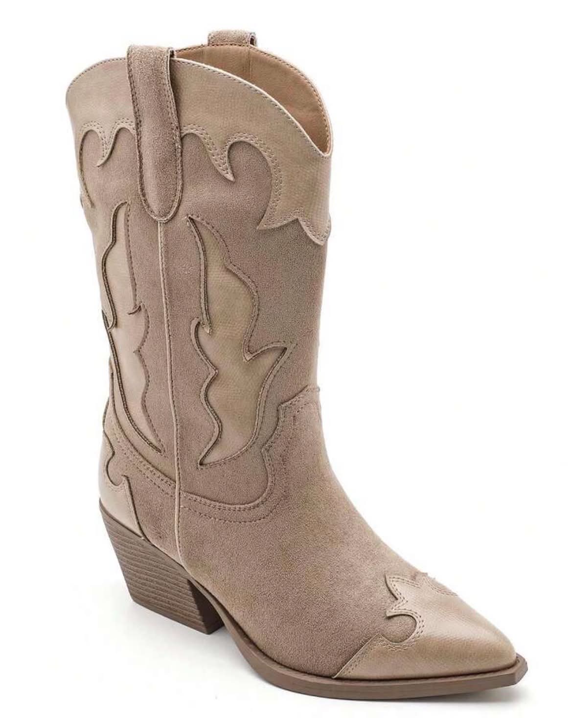 BOTTES WESTERN FEMME EFFET DAIM & CUIR TON SUR TON – TAUPE MISS STERNA
