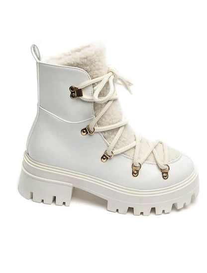 BOOTS SIMILICUIR BLANC FOURRURE SHERPA LACETS SEMELLE PLATEFORME – MISSKCY