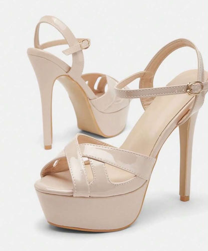 Sandales à Plateforme et Talon Aiguille – Beige Vernis Élégant