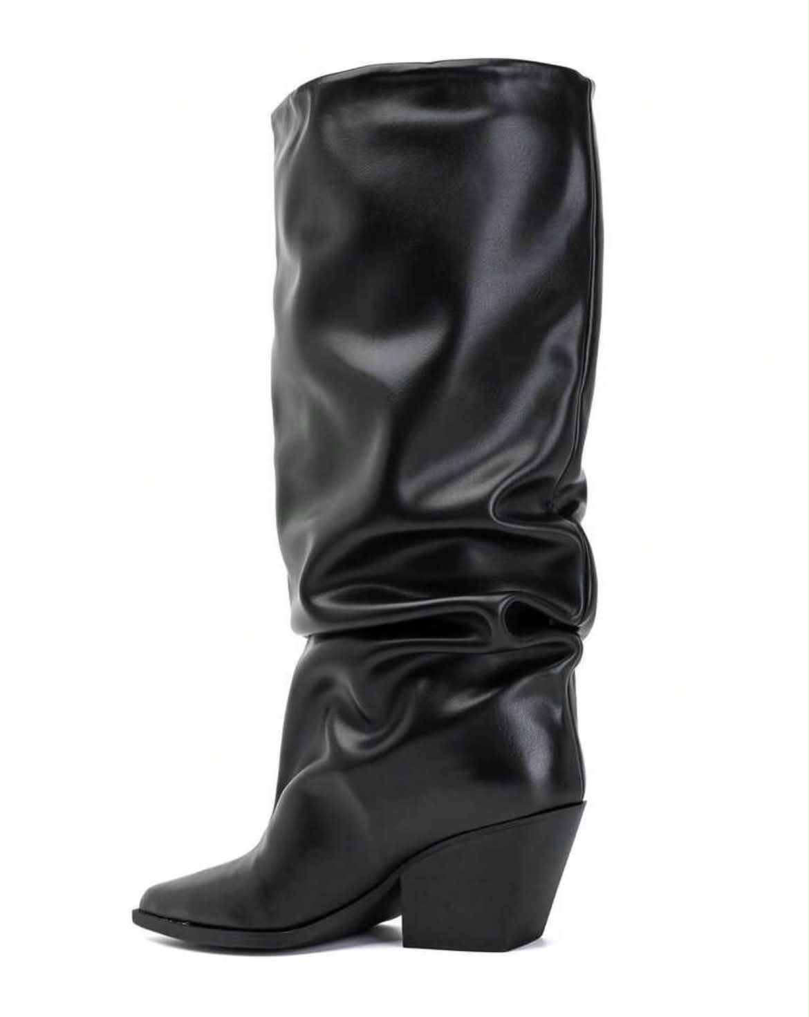 BOTTES HAUTES NOIRES EFFET FROISSÉ BOUT POINTU TALON BISEAUTÉ – MISS GRACE