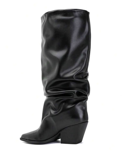 BOTTES HAUTES NOIRES EFFET FROISSÉ BOUT POINTU TALON BISEAUTÉ – MISS GRACE
