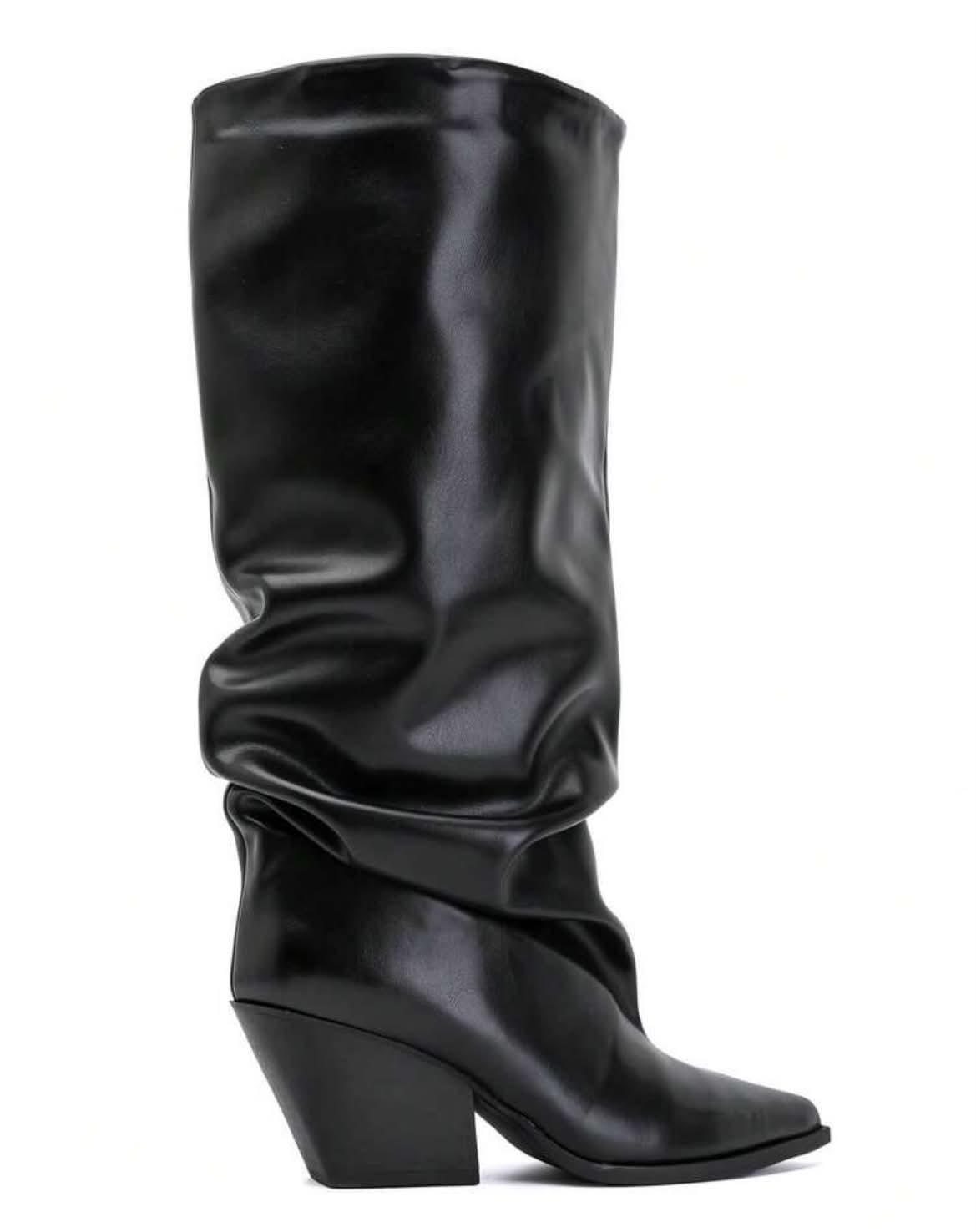 BOTTES HAUTES NOIRES EFFET FROISSÉ BOUT POINTU TALON BISEAUTÉ – MISS GRACE
