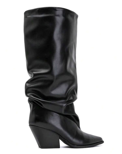 BOTTES HAUTES NOIRES EFFET FROISSÉ BOUT POINTU TALON BISEAUTÉ – MISS GRACE