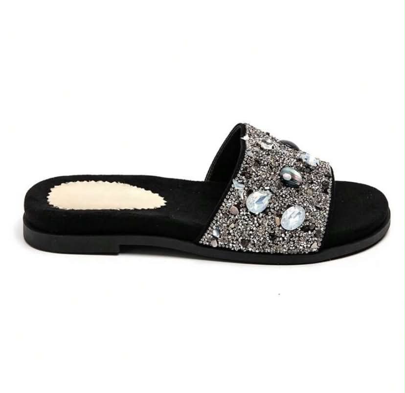 sandales Mules "Nuit Étoilée" – Noir & Bijoux Scintillants