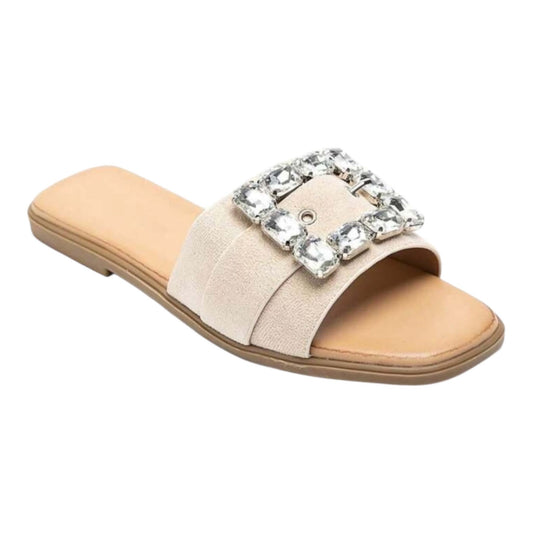 Mules plates ornées de strass – Élégance décontractée beige