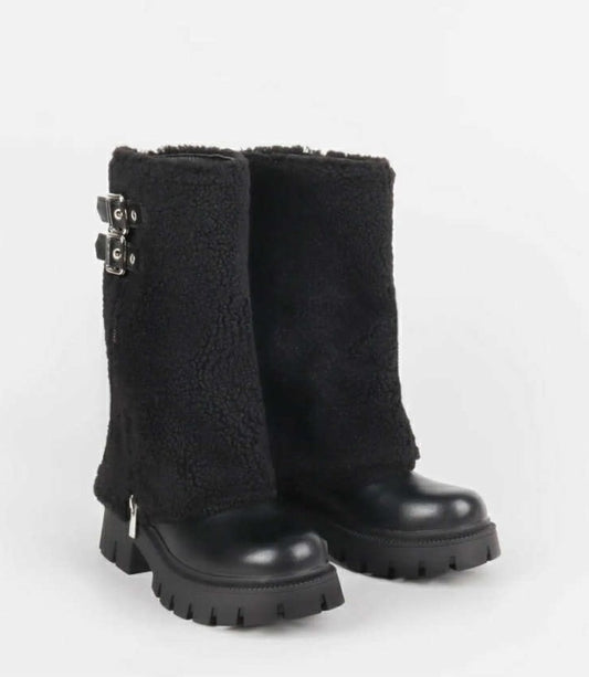 BOTTINES FEMME EN CUIR VEGAN ET FAUSSE FOURRURE – DOUBLE BOUCLE NOIR MISS RILEY
