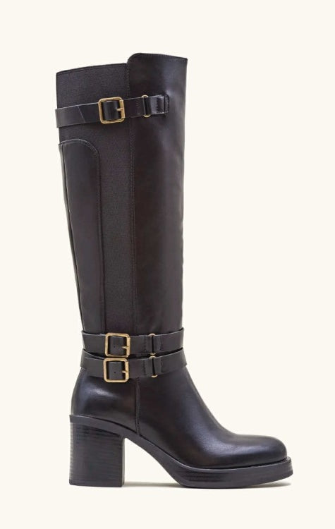 BOTTES HAUTES À TALON CARRÉ CONFORT DOUBLE BOUCLE OR MISS NAOMI NOIR