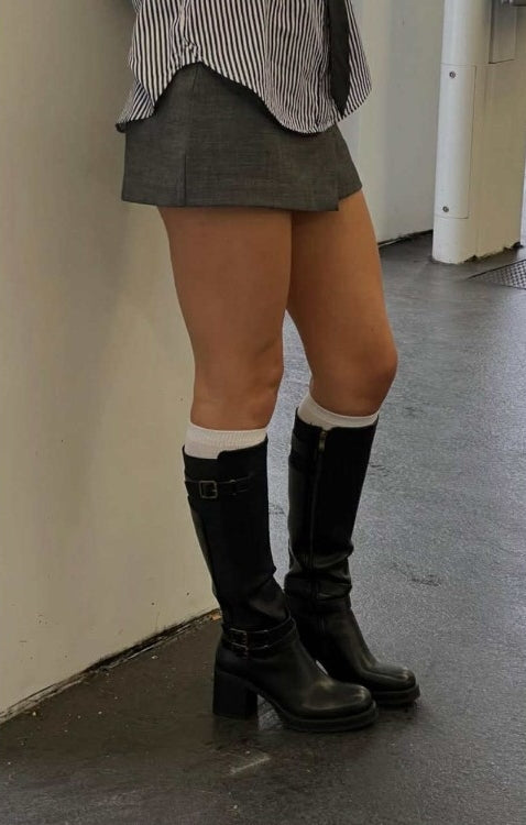 BOTTES HAUTES À TALON CARRÉ CONFORT DOUBLE BOUCLE OR MISS NAOMI NOIR