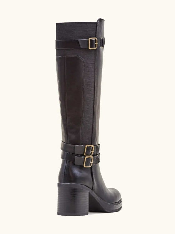 BOTTES HAUTES À TALON CARRÉ CONFORT DOUBLE BOUCLE OR MISS NAOMI NOIR