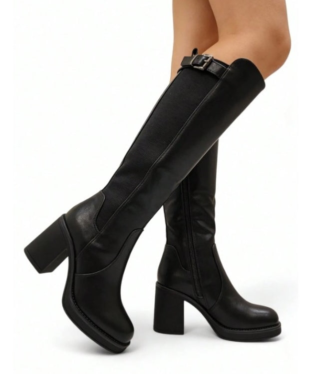 BOTTES HAUTES À TALON CARRÉ ELASTIQUE MOLLET FORT MISS SHARAZE NOIR