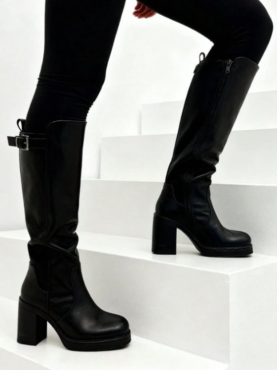 BOTTES HAUTES À TALON CARRÉ ELASTIQUE MOLLET FORT MISS SHARAZE NOIR