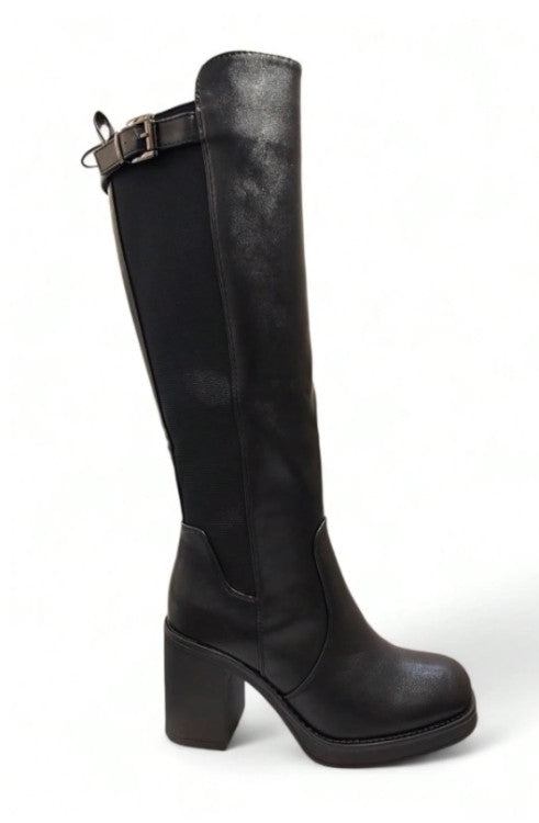 BOTTES HAUTES À TALON CARRÉ ELASTIQUE MOLLET FORT MISS SHARAZE NOIR