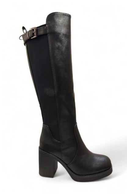 BOTTES HAUTES À TALON CARRÉ ELASTIQUE MOLLET FORT MISS SHARAZE NOIR