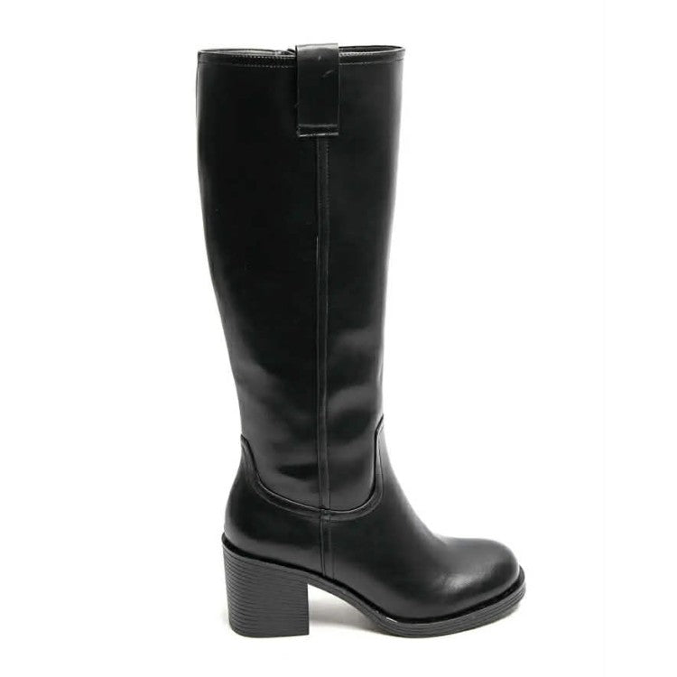 BOTTES HAUTES À TALON CARRÉ NOIR – SIMILI CUIR & ZIP INTÉRIEUR – NOUVELLE SAISON MISS BABY NOIR