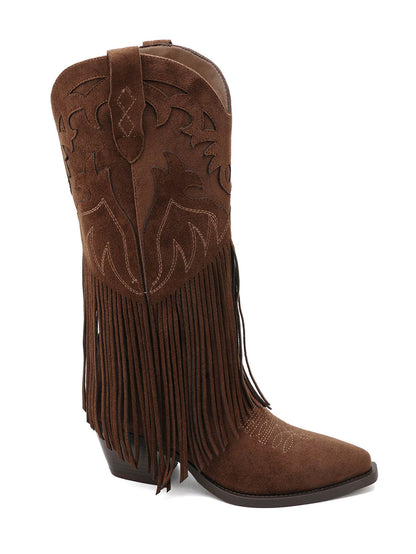 BOTTES WESTERN À FRANGES EFFET DAIM CAMEL– SANTIAGS BRODÉES TALON BLOC | MISS MOLLY