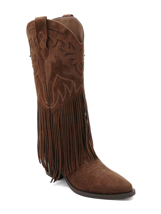 BOTTES WESTERN À FRANGES EFFET DAIM CAMEL– SANTIAGS BRODÉES TALON BLOC | MISS MOLLY