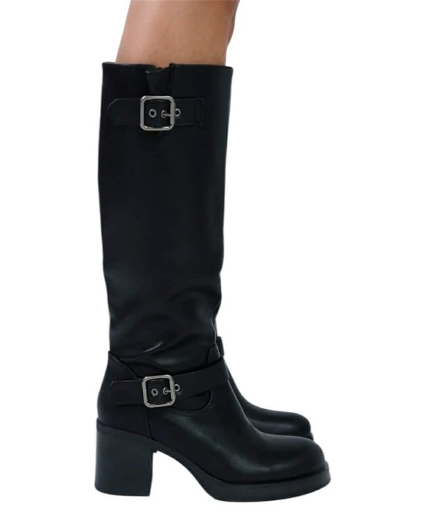 Bottes Hautes Style Biker en Cuir Noir Boucles Argentées et Talon Carré "Raven"
