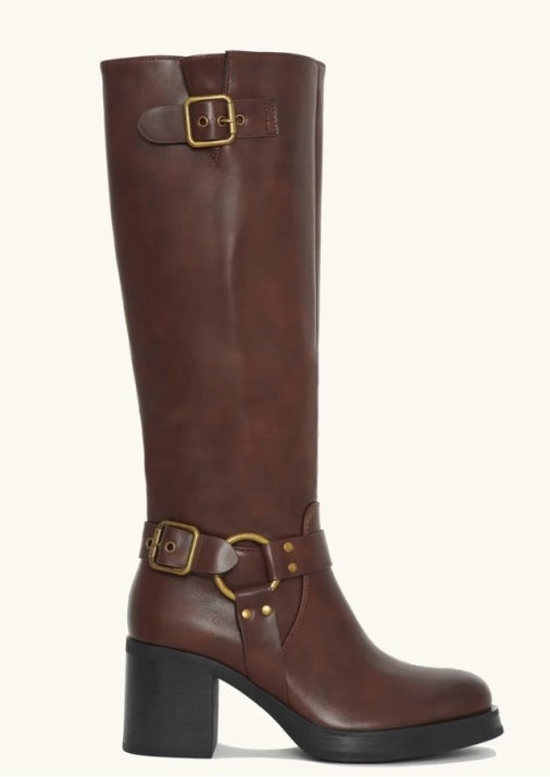 Bottes Hautes Style Biker en Cuir Noir Boucles et Talon Carré "Raven" Marron choco